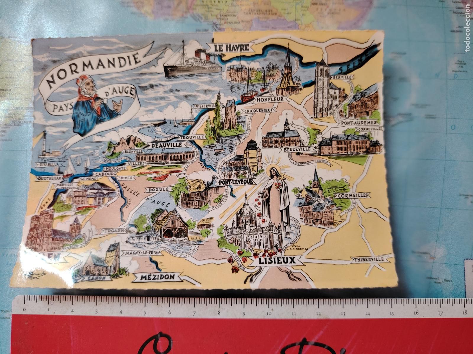 Postales: postal moderna : mapa de Normandia - Pays d'Auge con lugares de interes turistico