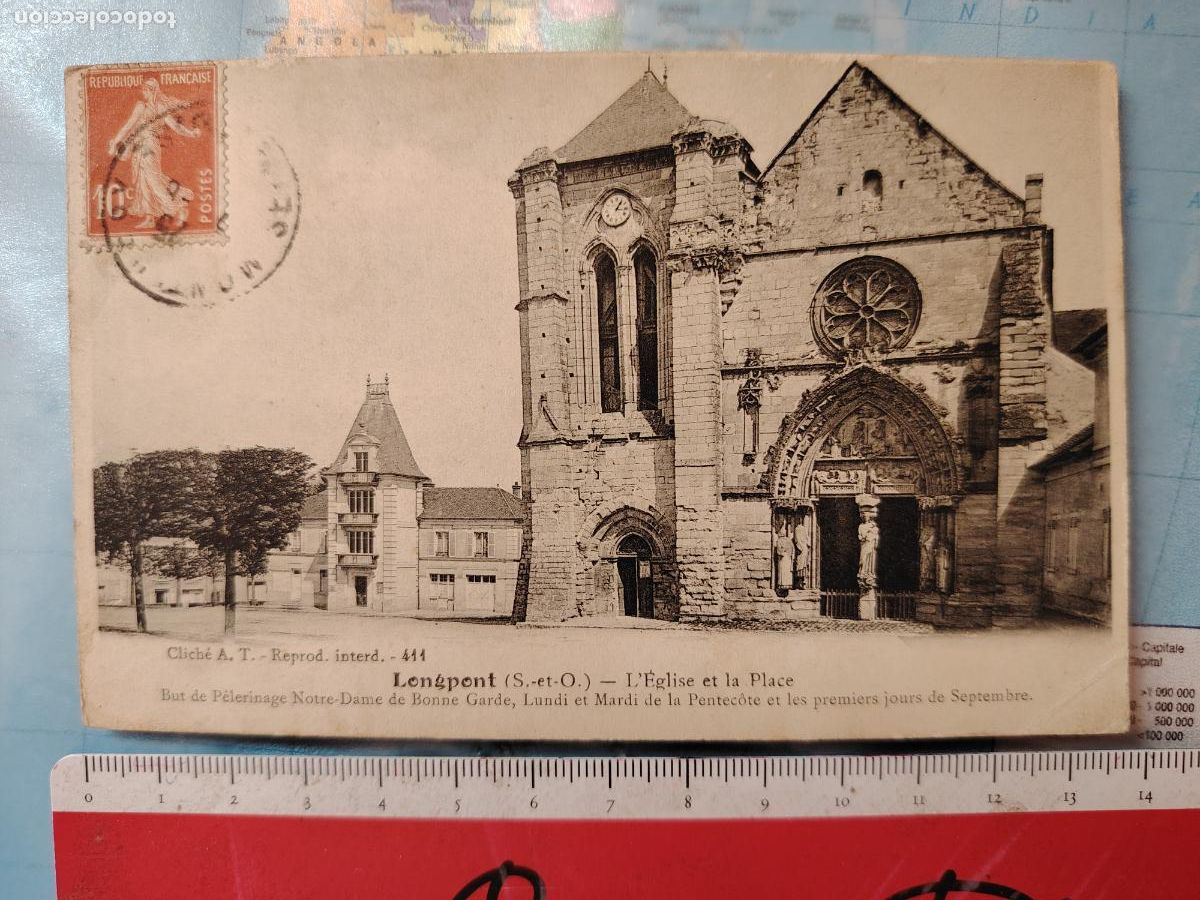 Postales: postal antigua 1925 - Iglesia y plaza de Longpent - Francia