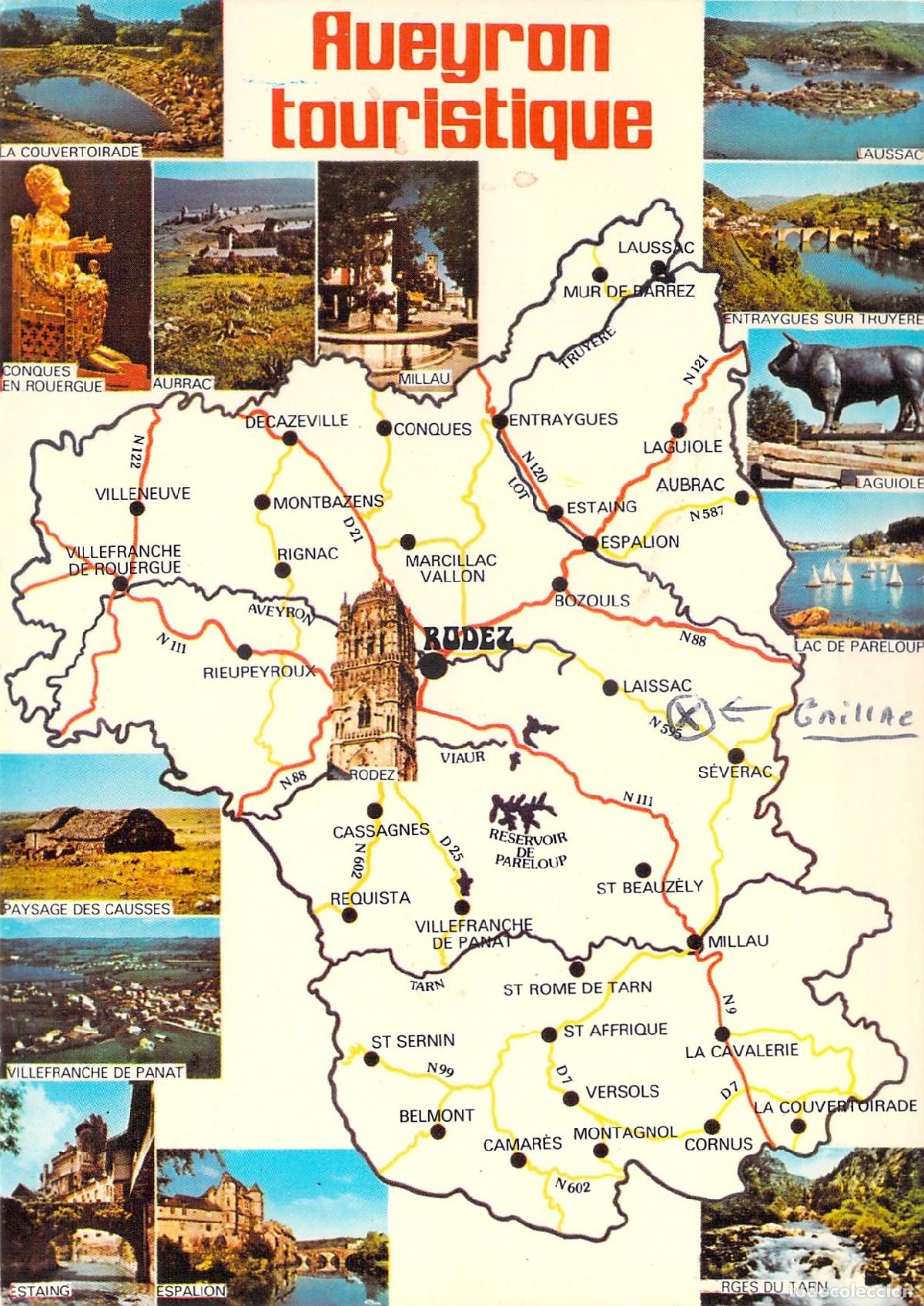 Postales: Postal Tur&iacute;stica de Aveyron con Mapa y Vistas de Francia