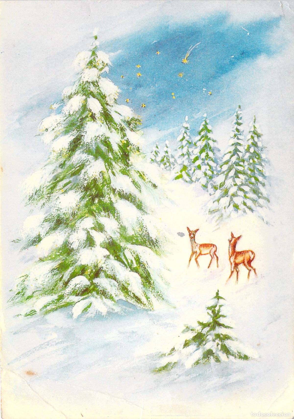 Postales: Postal de Navidad y A&ntilde;o Nuevo con Paisaje Nevado y Ciervos