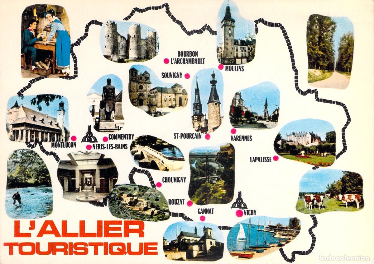 Cartes Postales: Postal Tur&iacute;stica del Departamento de Allier, Francia - Mapa con Monumentos