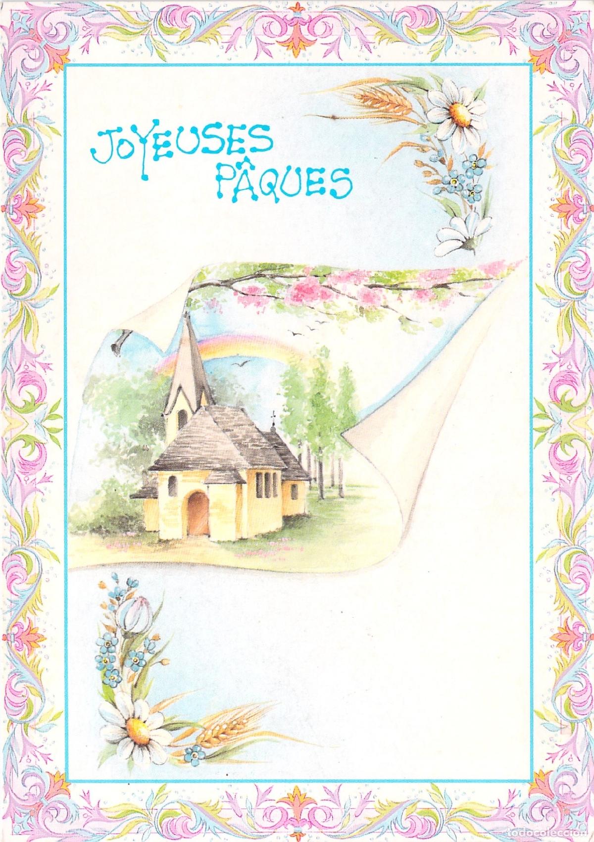 Postales: Postal de Pascua con Iglesia y Flores Joyeuses P&acirc;ques