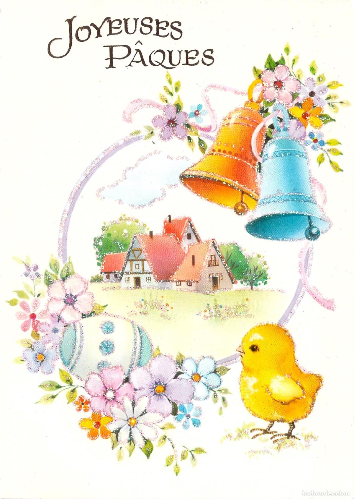 Cartoline: Postal de Pascua con Pollito y Campanas de Colores
