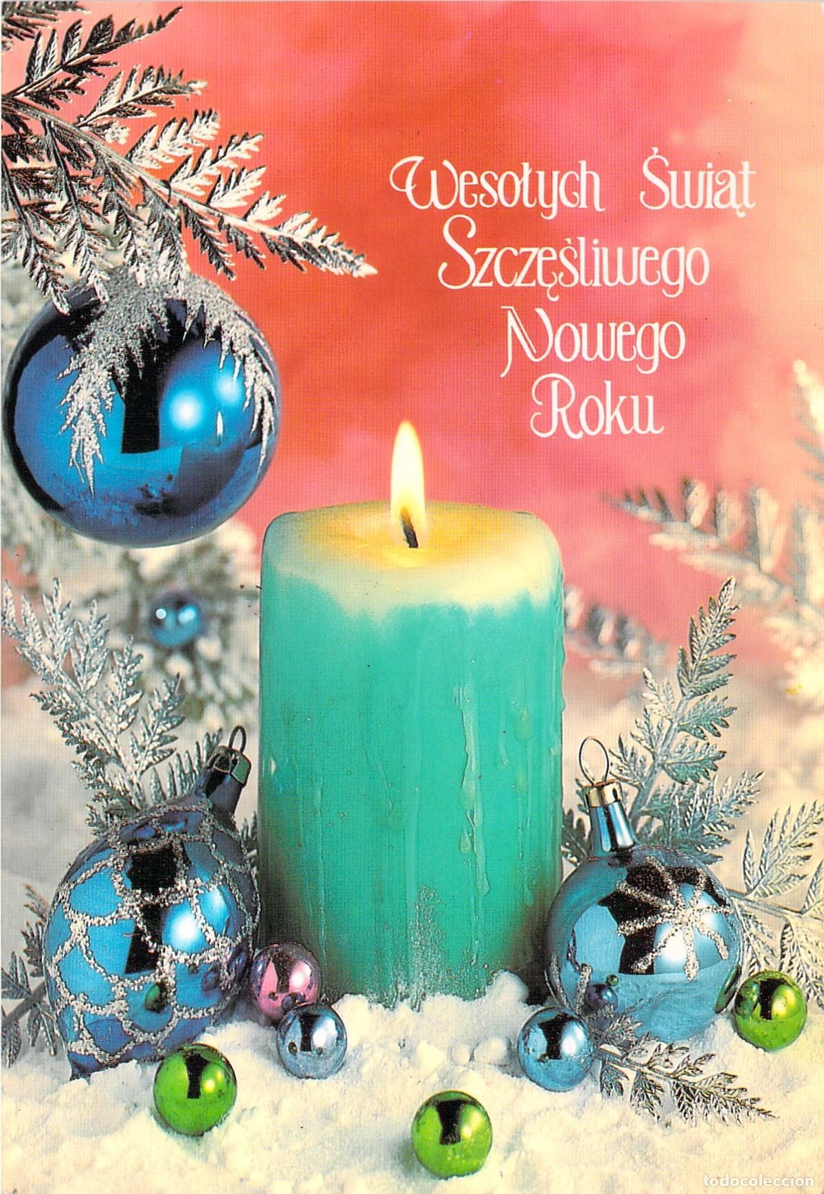 Cartoline: Postal de Navidad y A&ntilde;o Nuevo con Vela y Adornos Polaca