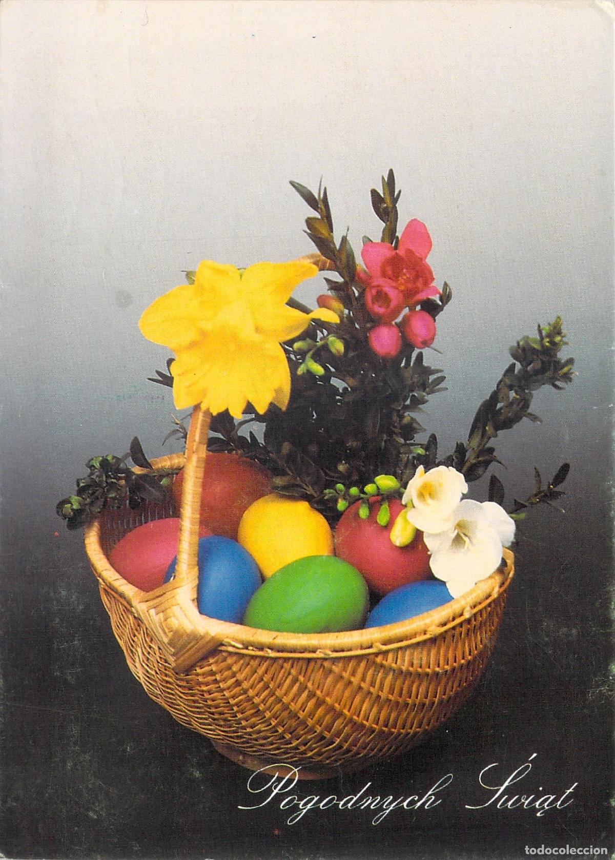 Cartoline: Postal de Pascua Polaca con Cesta de Huevos y Flores