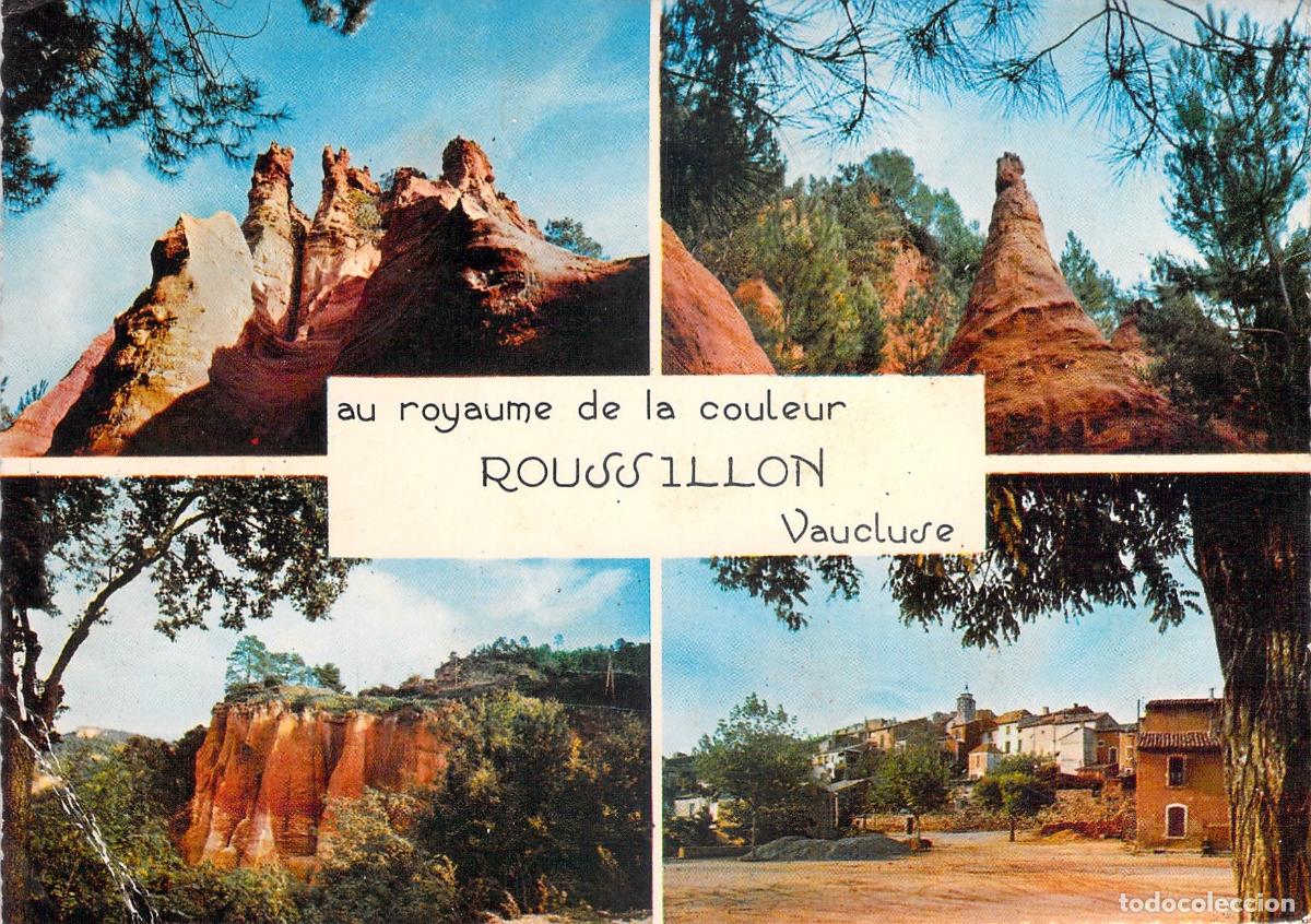 Cartoline: Postal de Roussillon Vaucluse, Francia - Vistas M&uacute;ltiples y Acantilados de Ocre
