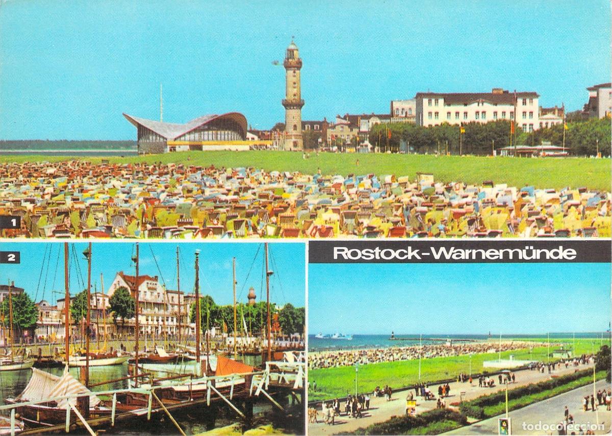 Cartes Postales: Postal de Rostock-Warnem&uuml;nde: Playa, Faro y Restaurante Teepott
