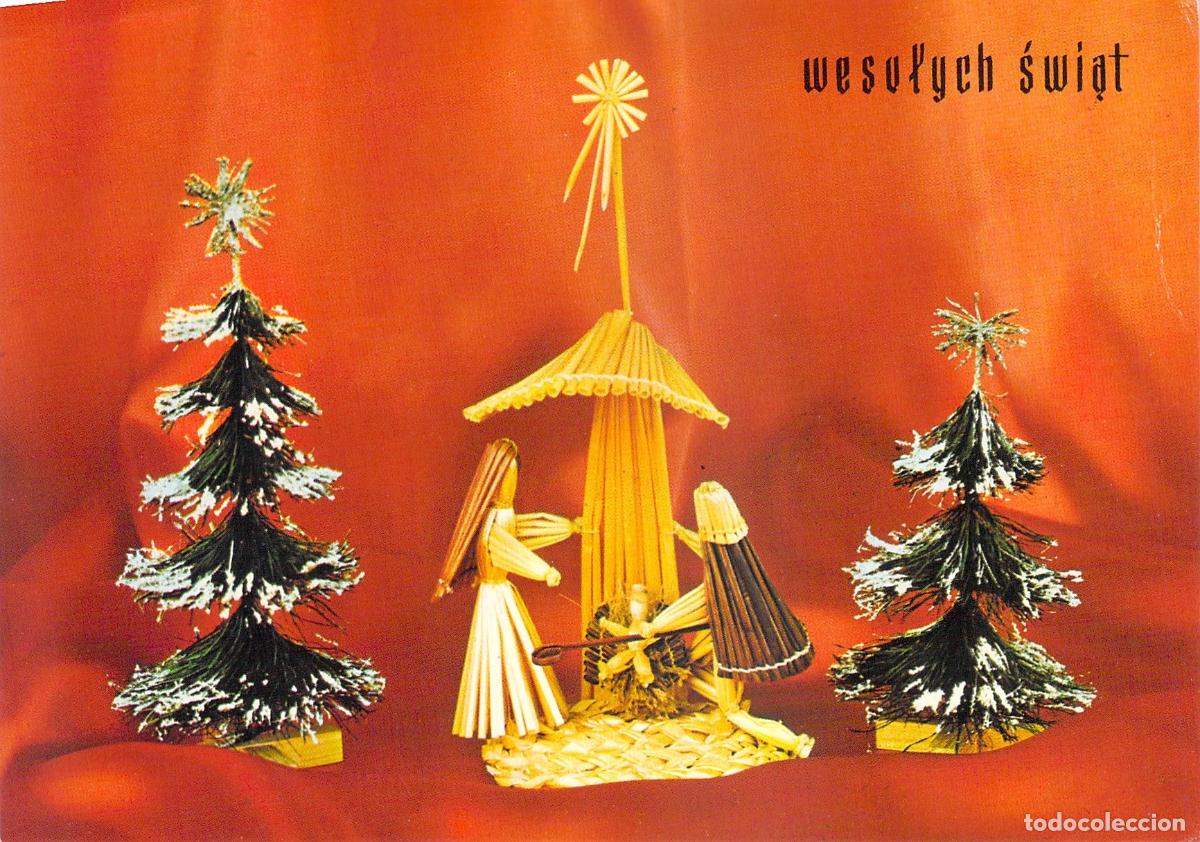 Postales: Postal de Navidad Polaca con Bel&eacute;n de Paja y &Aacute;rboles