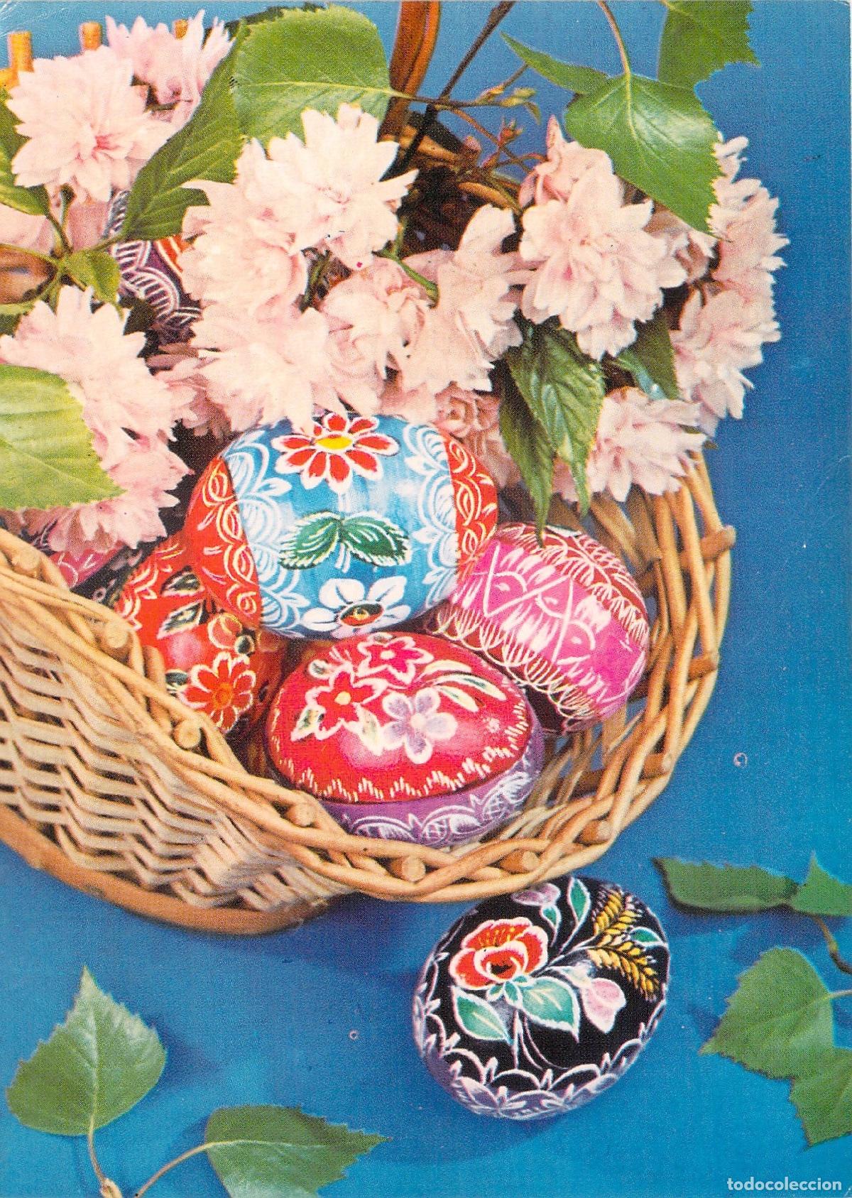 Postkarten: Postal de Pascua con Huevos Pintados Pisanki y Flores
