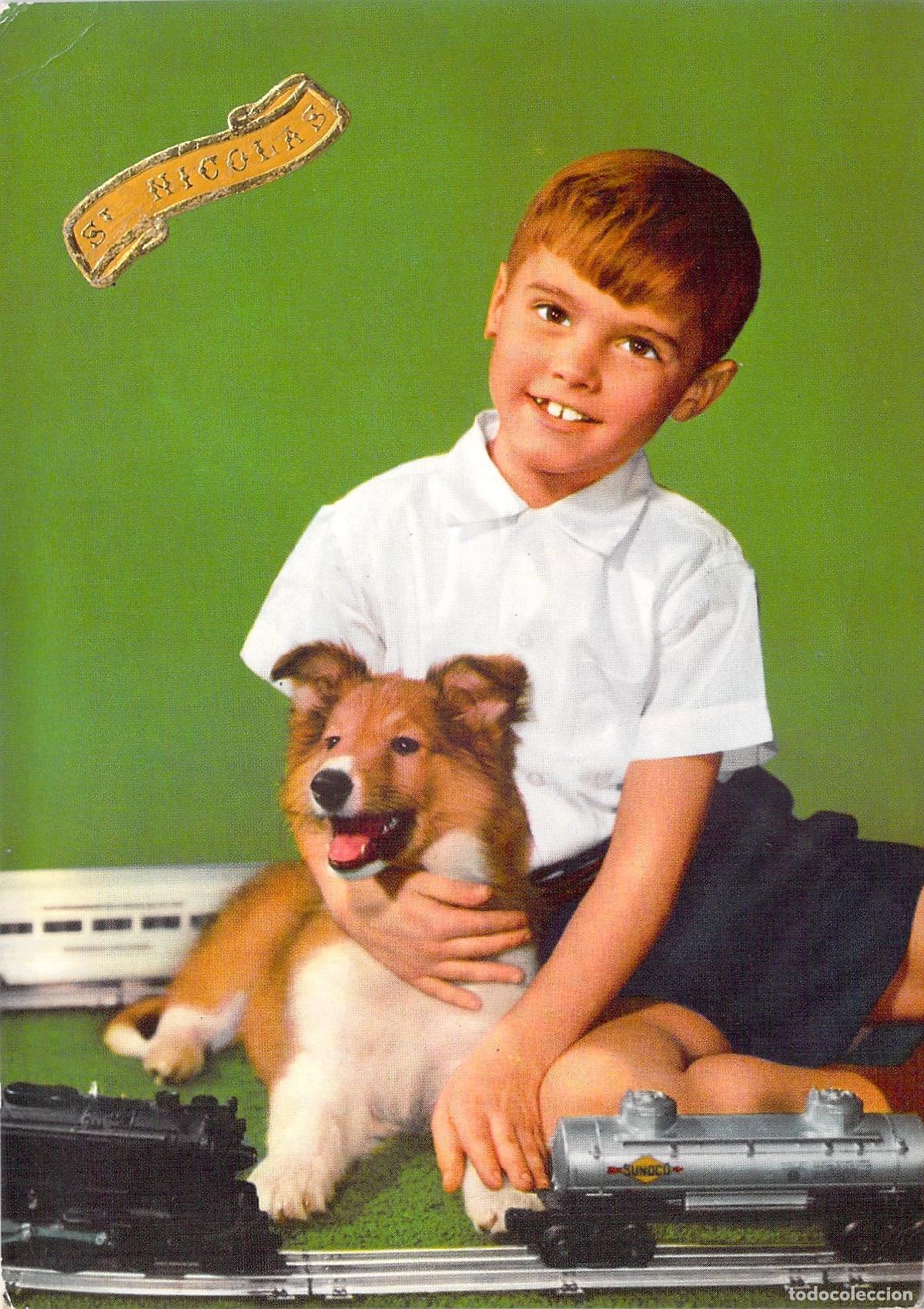 Postales: Postal de San Nicol&aacute;s con Ni&ntilde;o, Cachorro Collie y Tren El&eacute;ctrico