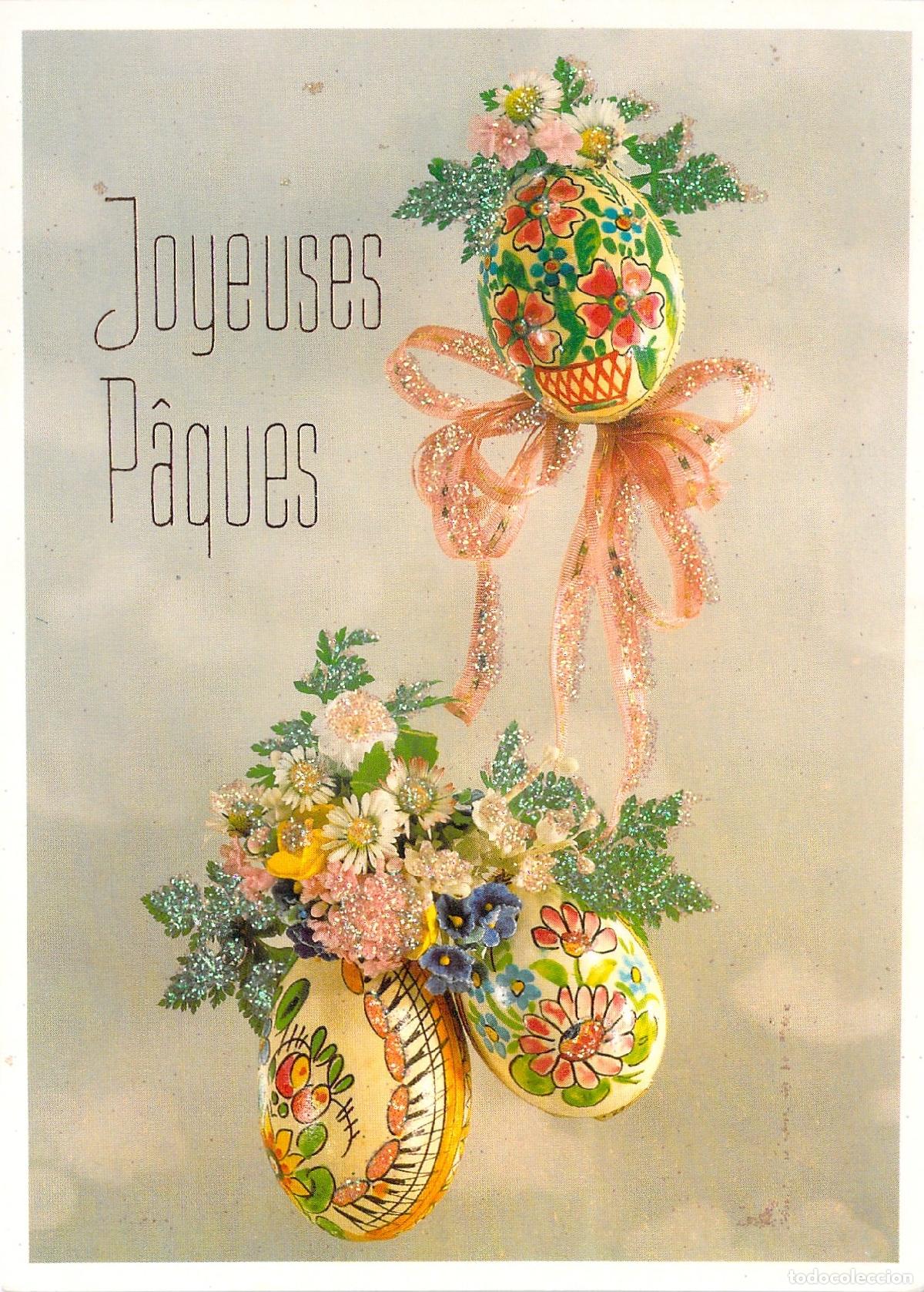 Postales: Postal de Pascua con Huevos Decorados y Flores Joyeuses P&acirc;ques