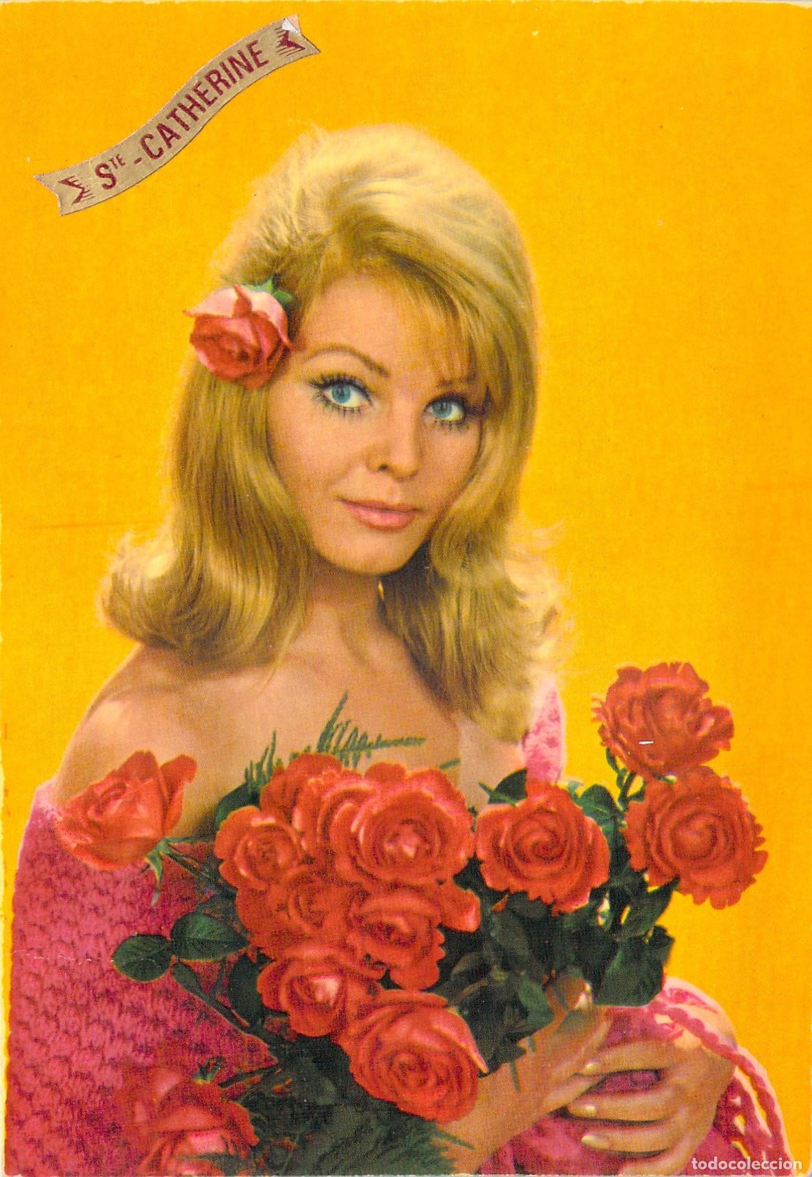 Postales: Postal de Santa Catalina con Mujer Rubia y Rosas Rojas
