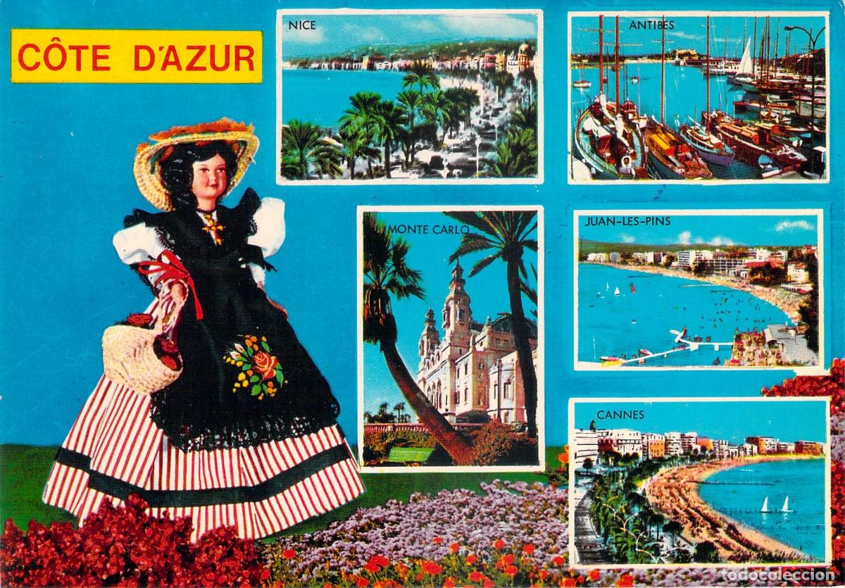 Postales: Postal Tur&iacute;stica de la C&ocirc;te d'Azur con Mu&ntilde;eca y Vistas de Niza y Cannes