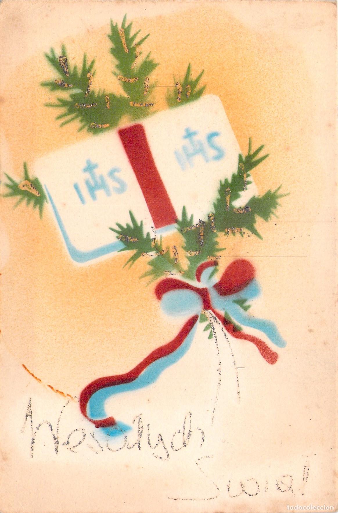 Postais: Postal Polaca de Navidad con S&iacute;mbolo IHS y Ramas de Abeto