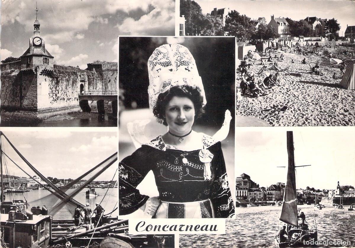 Postkarten: Postal de Concarneau Breta&ntilde;a Multi-vista Puerto y Traje Tradicional