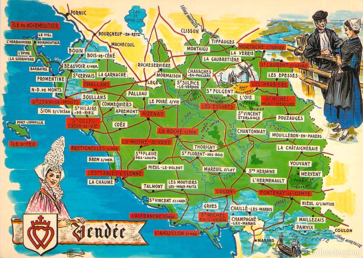 Postales: Postal Mapa Ilustrado de La Vend&eacute;e Francia con Trajes T&iacute;picos