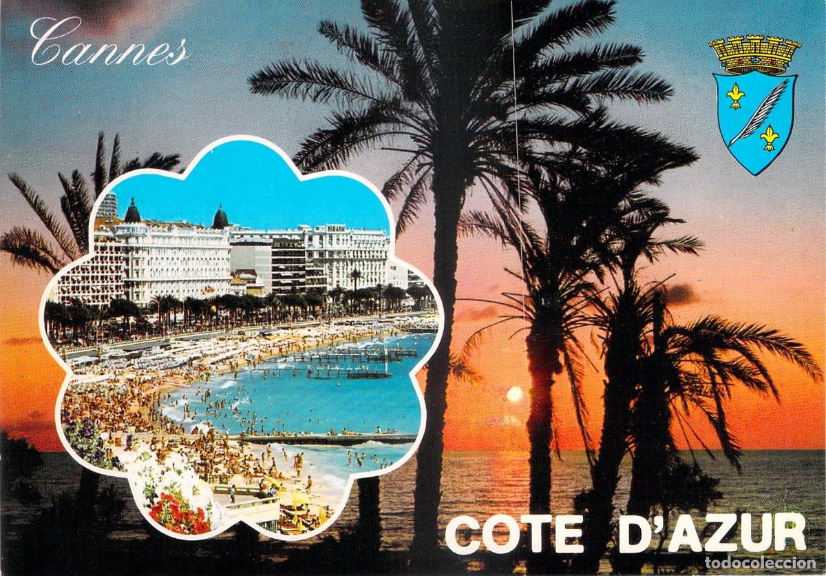 Postales: Postal de Cannes Costa Azul Playa y Palmeras al Atardecer