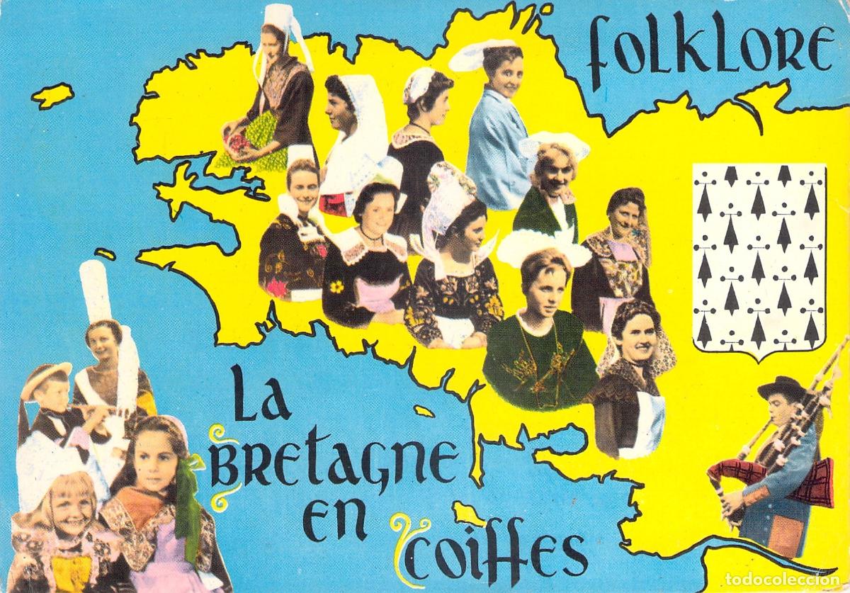 Cartes Postales: Postal Folclore de Breta&ntilde;a - Mapa y Tocados Tradicionales Franceses