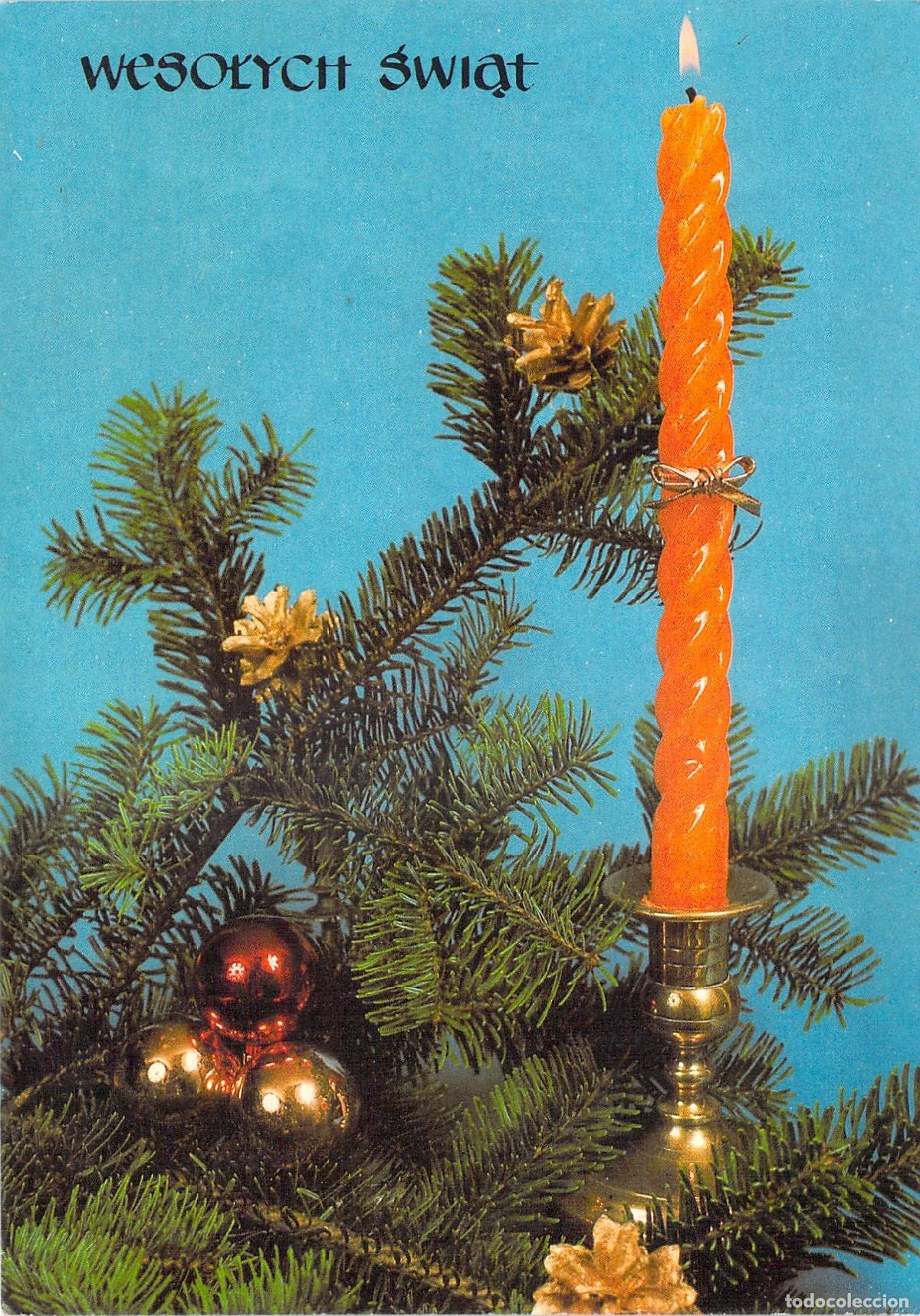 Postales: Postal de Navidad Polaca con Vela Naranja y Ramas de Pino