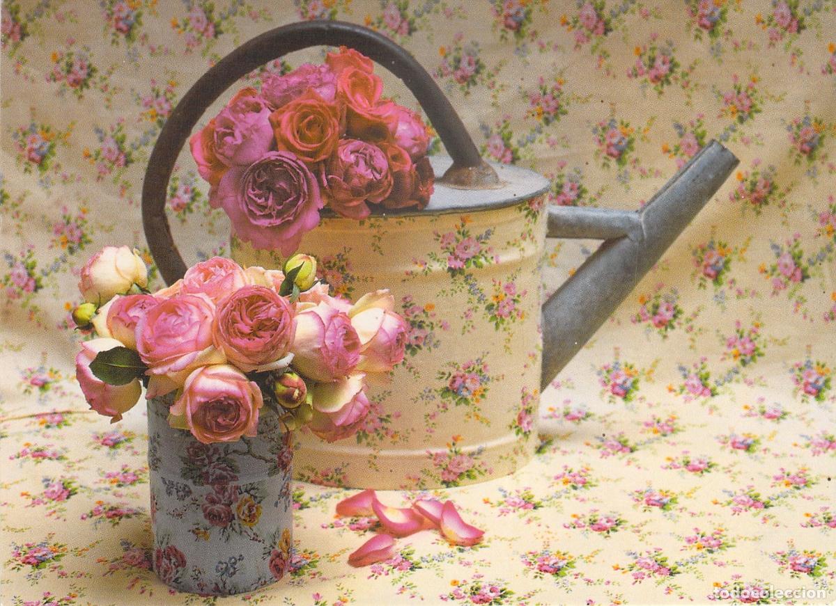 Postales: Postal Art&iacute;stica de Rosas en Regadera con Motivos Florales