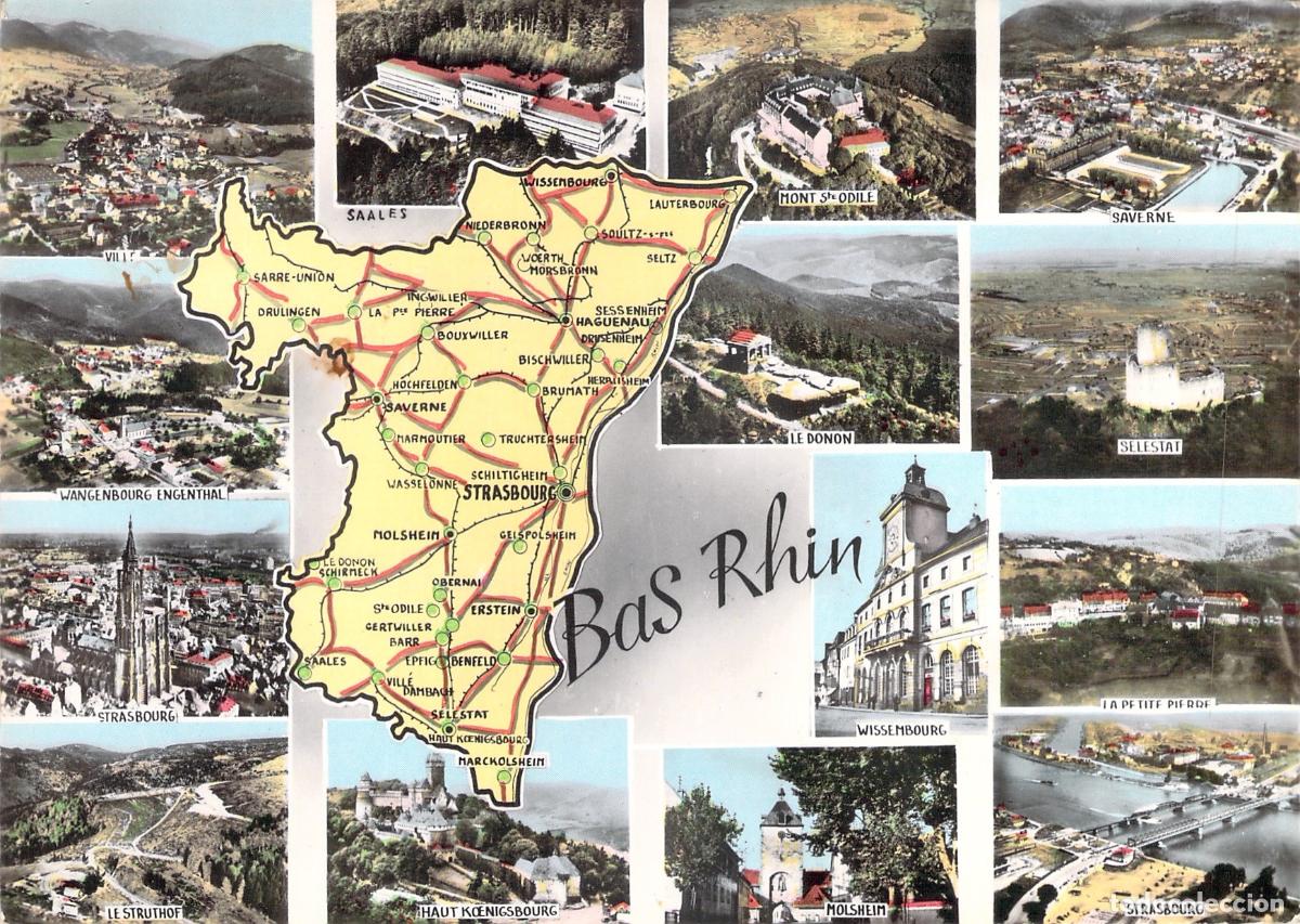 Postales: Postal de Bas-Rhin Alsacia con Mapa y Vistas de Estrasburgo