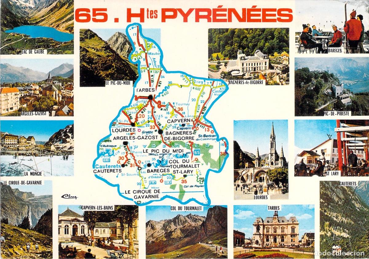 Cartoline: Postal de Hautes-Pyr&eacute;n&eacute;es Francia Mapa y Vistas de los Pirineos