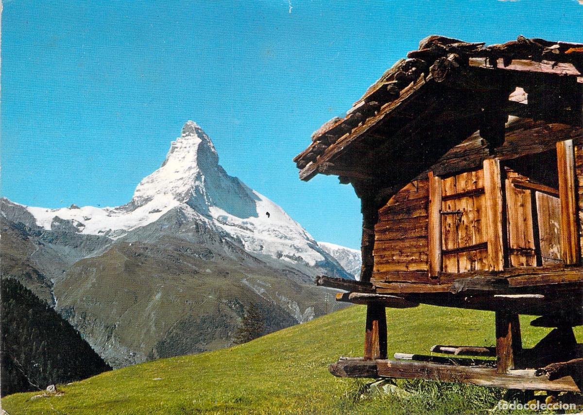 Postales: Postal de los Alpes Suizos con el Monte Cervino y Chalet de Madera