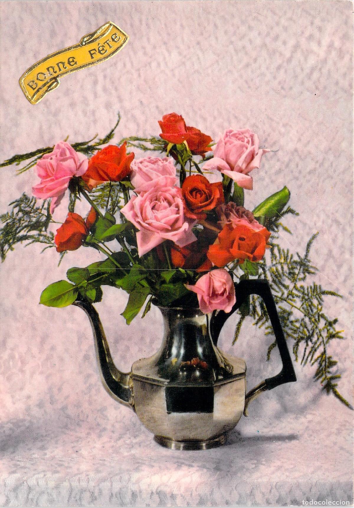 Postcards: Postal de Rosas en Tetera de Plata - Bonne F&ecirc;te