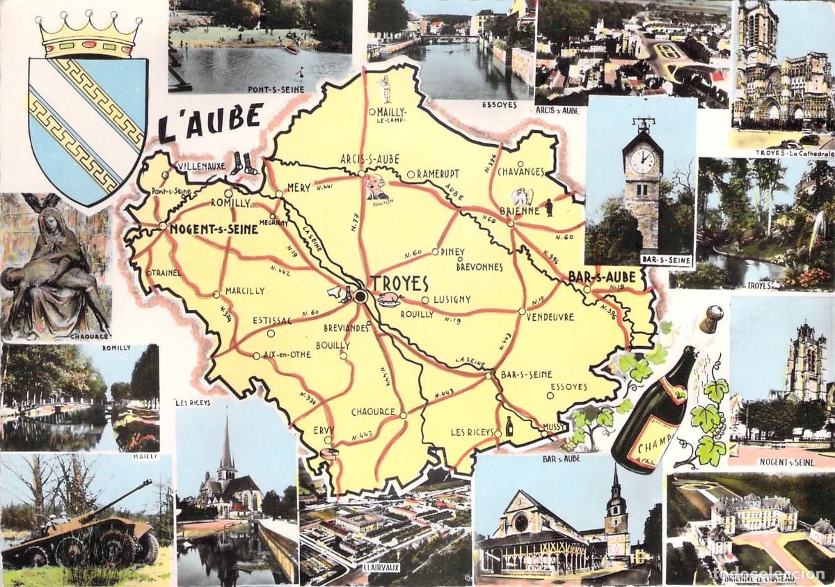 Postcards: Postal del Mapa y Vistas del Departamento de Aube, Francia