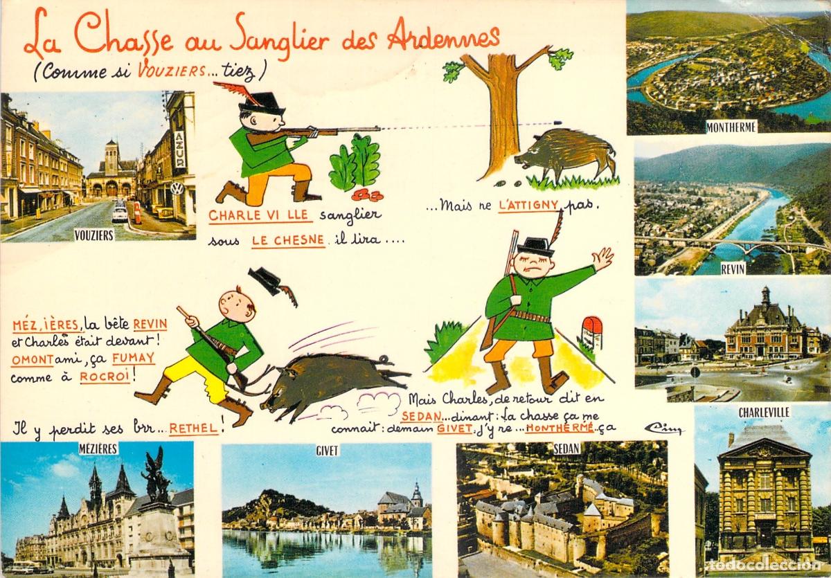 Cartoline: Postal de la Caza al Jabal&iacute; en las Ardenas, Francia - Humor&iacute;stica