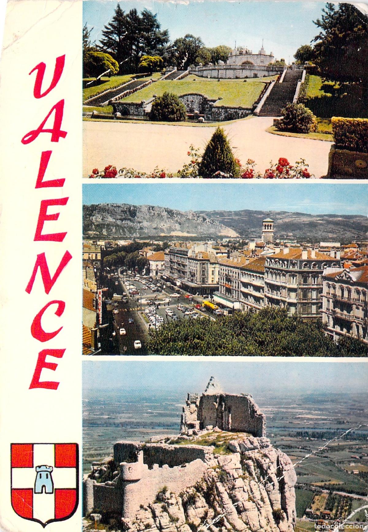 Postales: Postal de Valence, Francia: Parc Jouvet, Ruinas de Crussol y Plaza Rep&uacute;blica