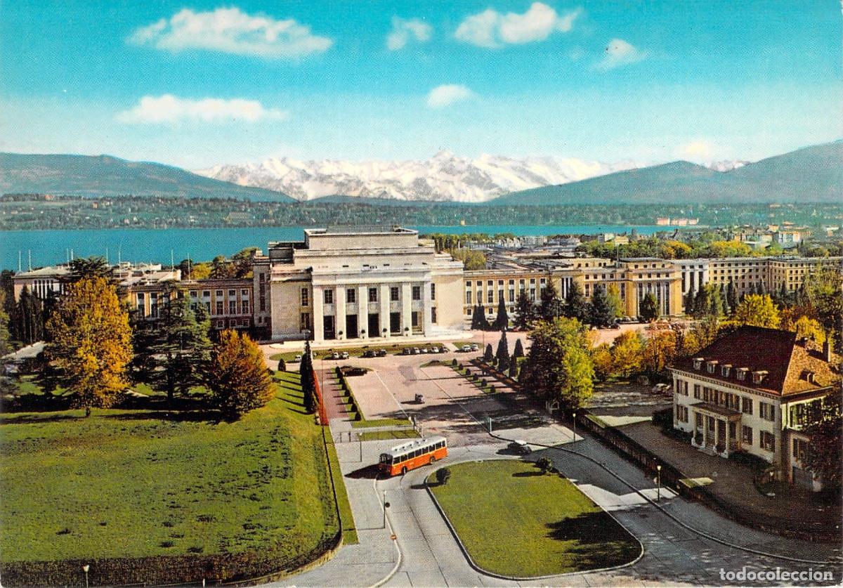 Postales: Postal de Ginebra Palacio de las Naciones y Alpes Suizos