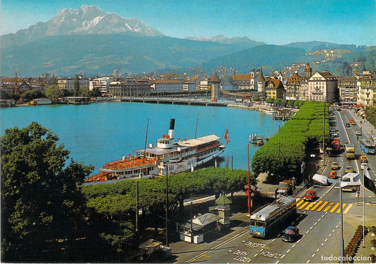 Postales: Postal de Lucerna: Puente de la Capilla, Lago y Monte Pilatus, Suiza
