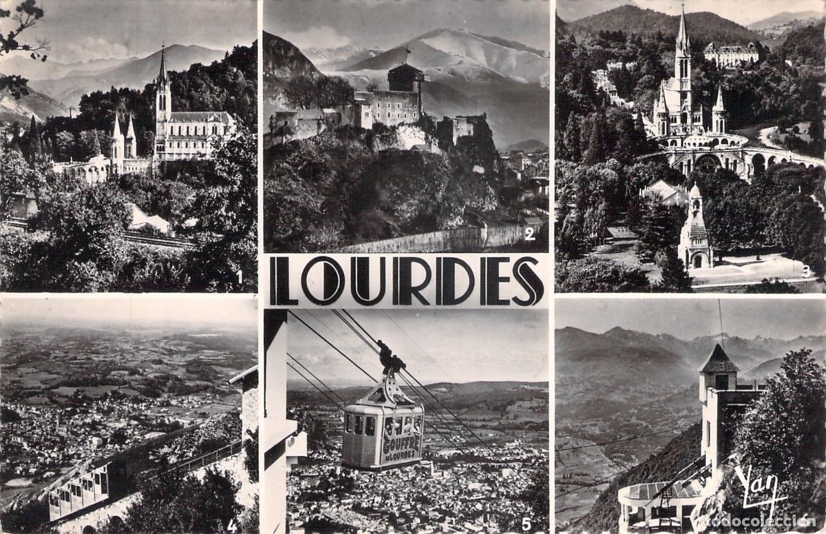 Postales: Postal de Lourdes con Bas&iacute;lica, Castillo y Telef&eacute;ricos de los Pirineos