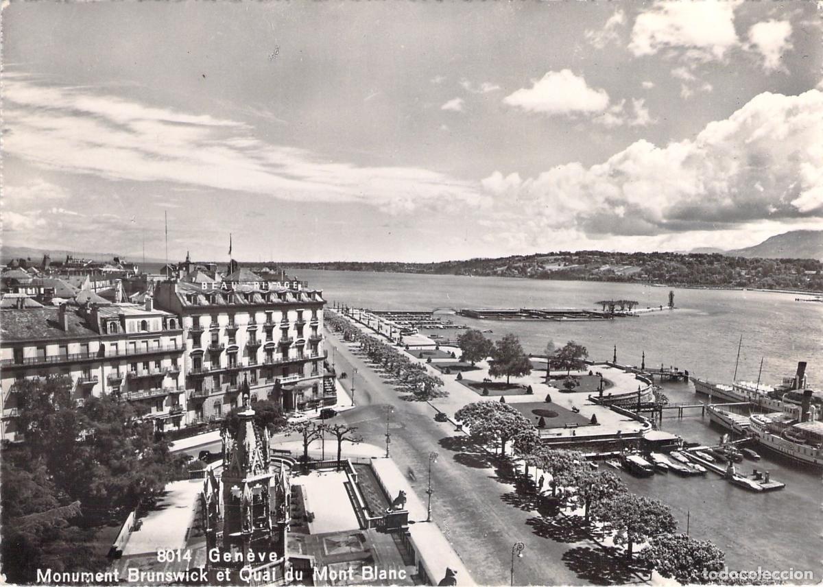 Postales: Postal de Ginebra, Monumento Brunswick y Quai du Mont Blanc, Suiza