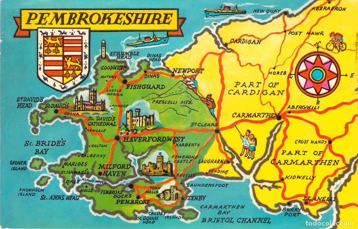 Postales: Postal de Mapa Ilustrado de Pembrokeshire Gales
