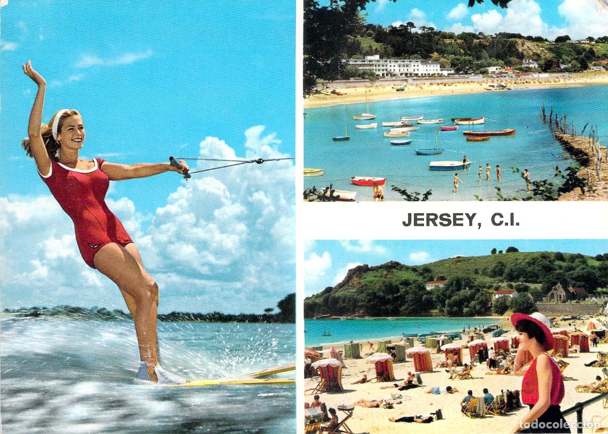 Postcards: Postal de Jersey Islas del Canal Escenas de Playa y Esqu&iacute; Acu&aacute;tico