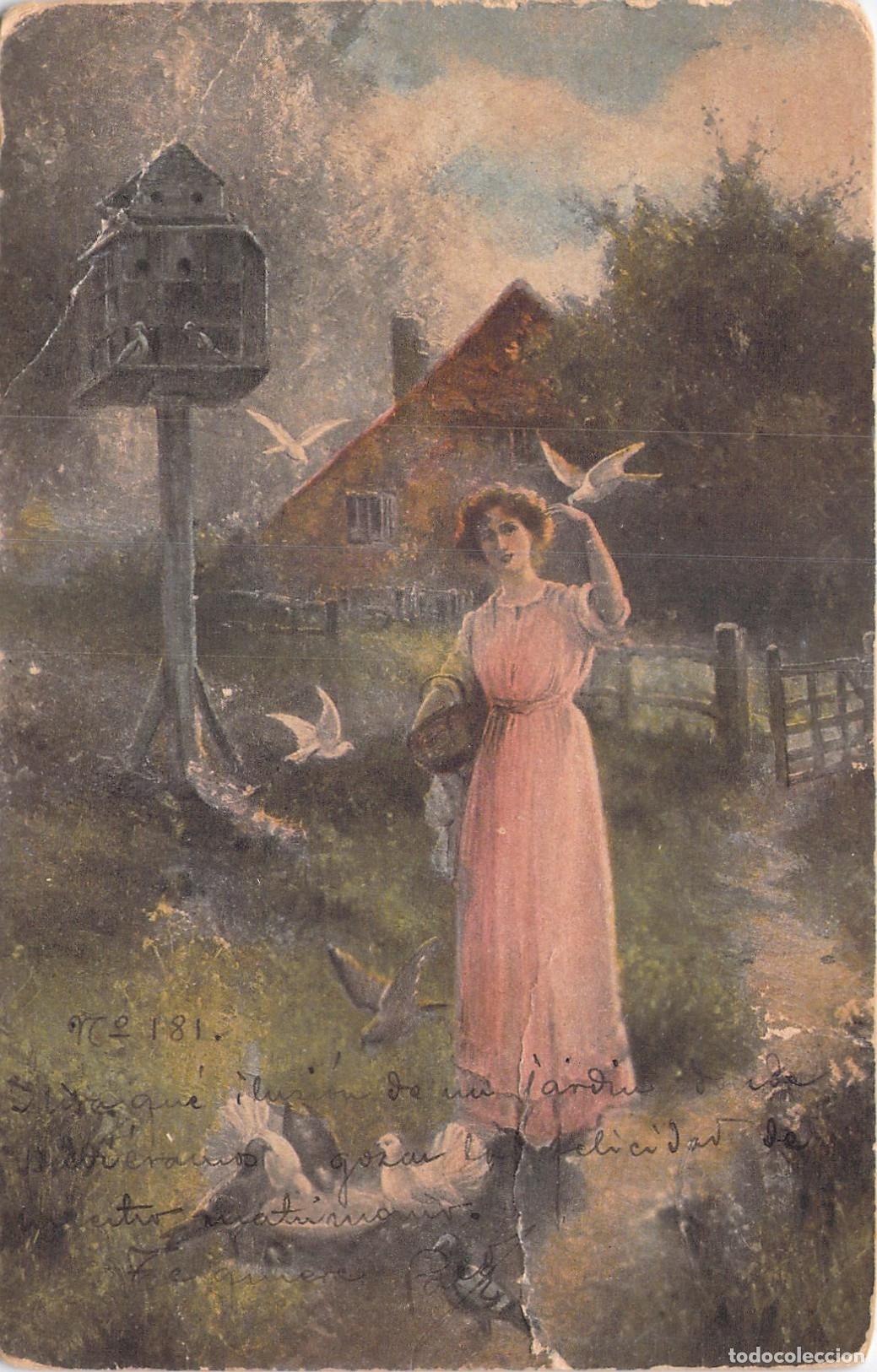 Postales: Postal Art&iacute;stica de Mujer con Palomas en Paisaje Campestre
