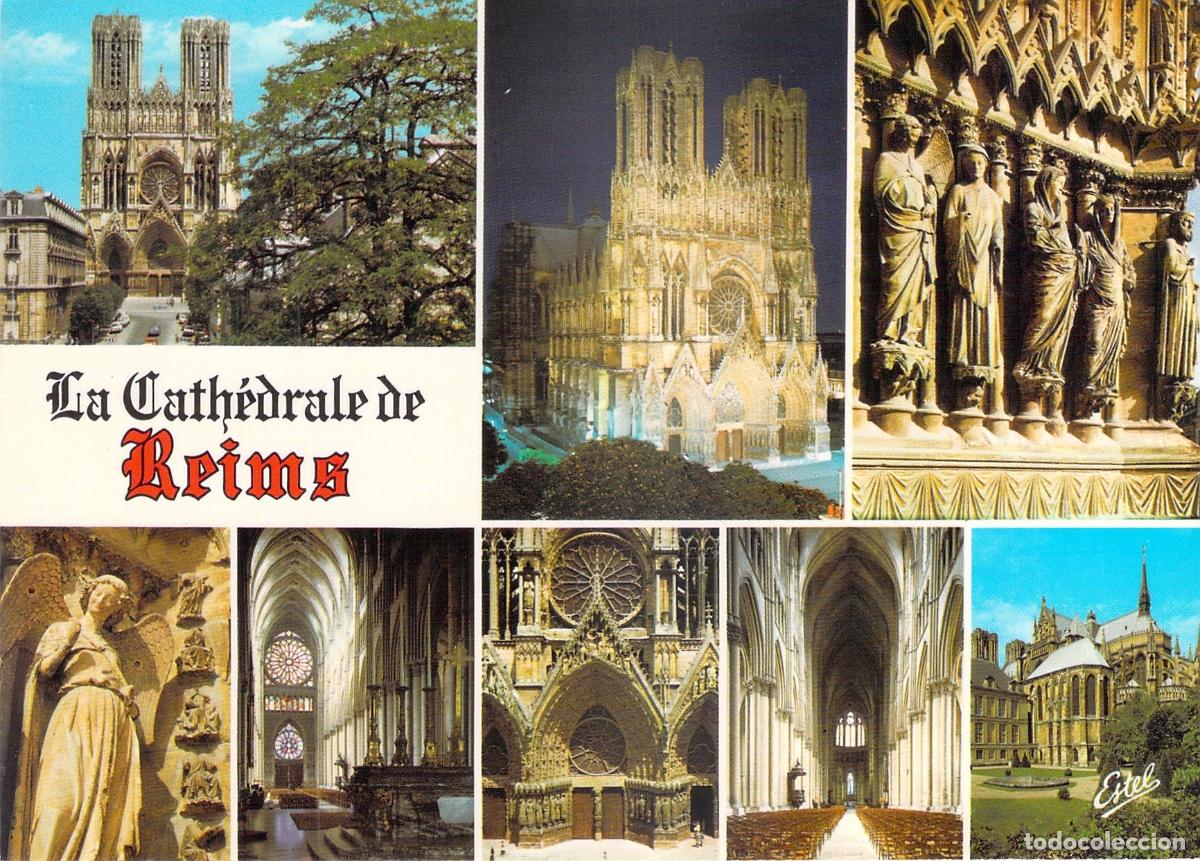 Postales: Postal de la Catedral de Reims Francia - Multivista y Detalles G&oacute;ticos