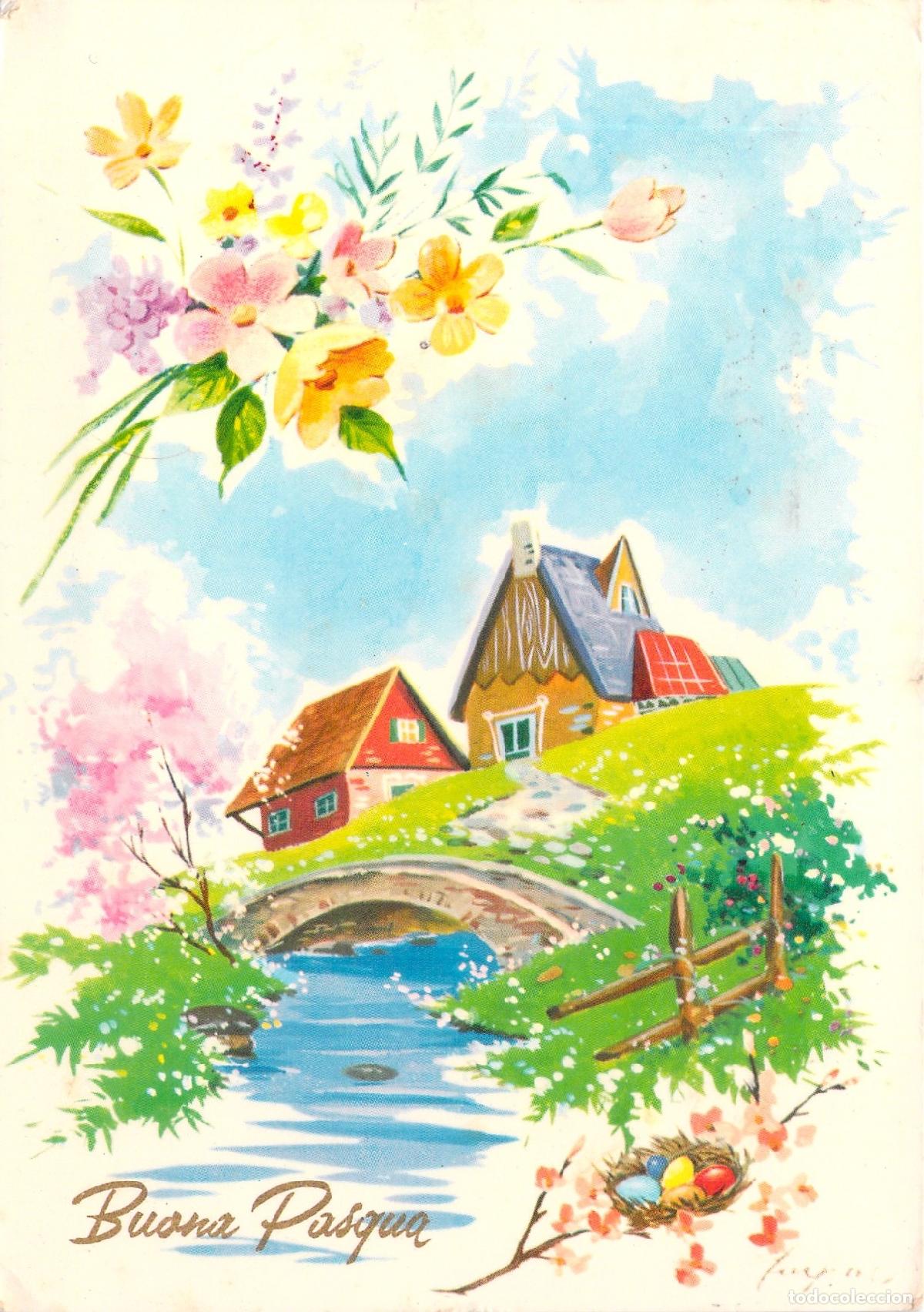 Postales: Tarjeta Postal Buona Pasqua con Paisaje Rural e Ilustraci&oacute;n de Flores