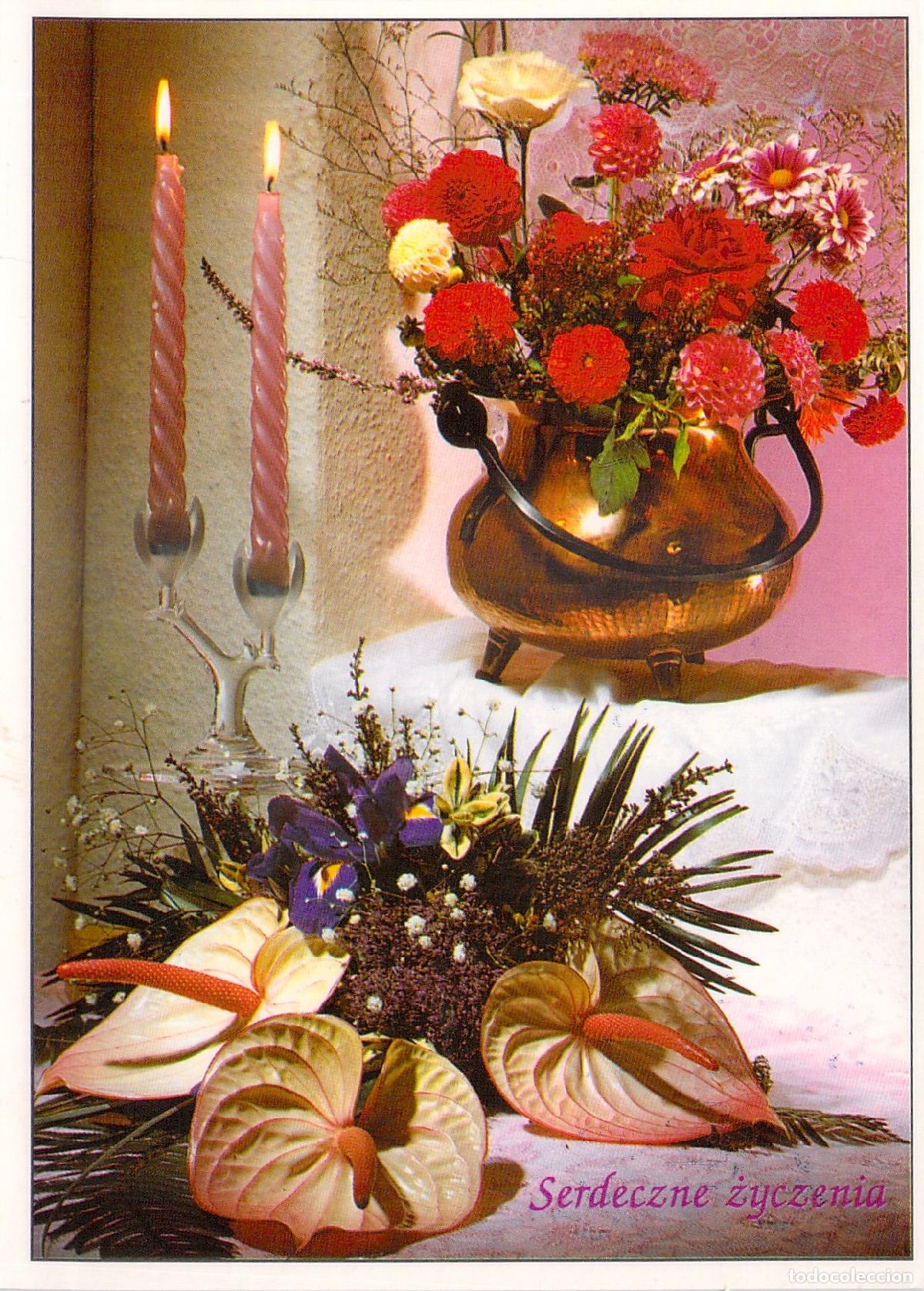 Postales: Postal de Felicitaci&oacute;n con Bodeg&oacute;n de Flores y Velas Rosas