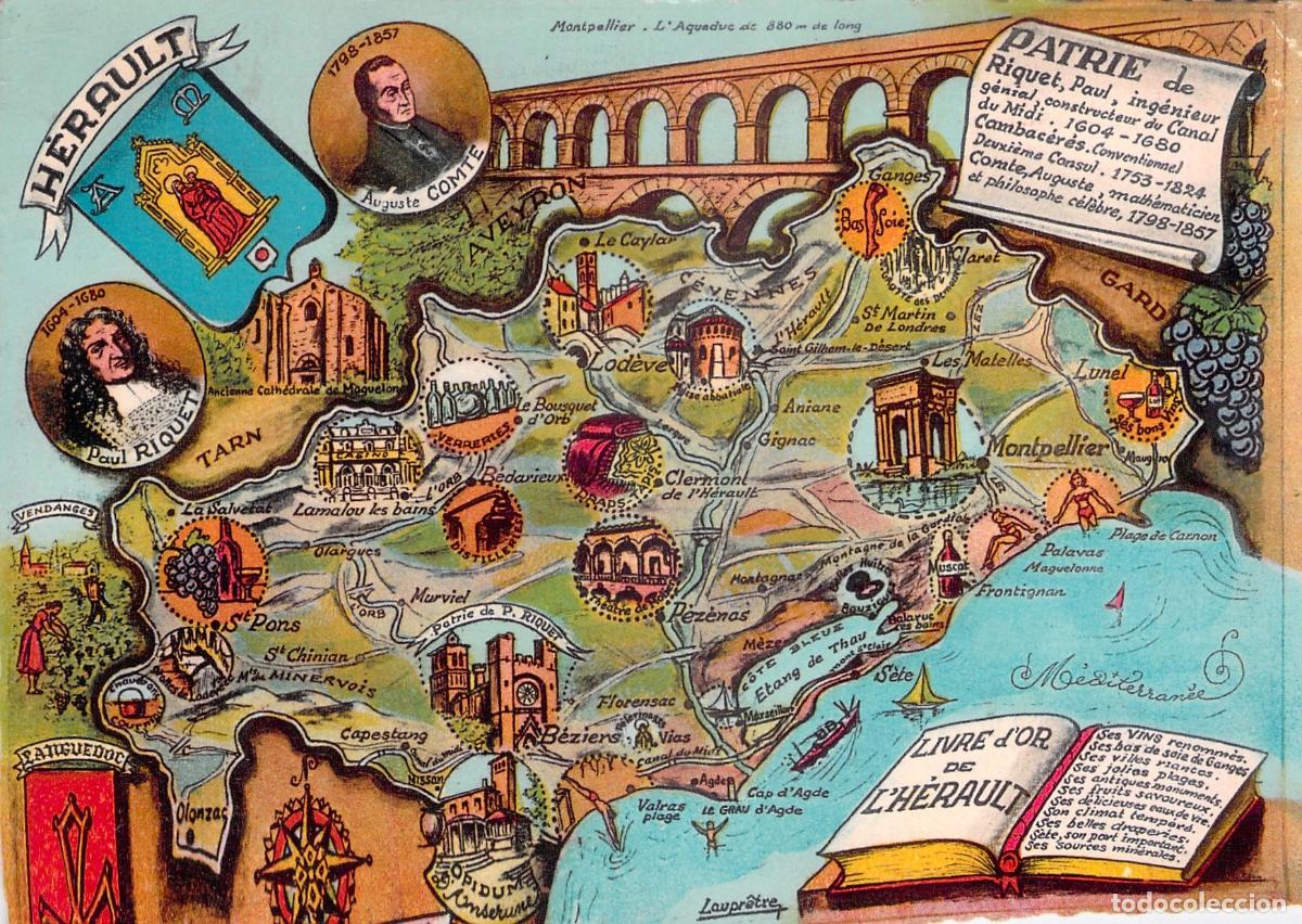 Postales: Postal Ilustrada Mapa de H&eacute;rault Francia Montpellier B&eacute;ziers