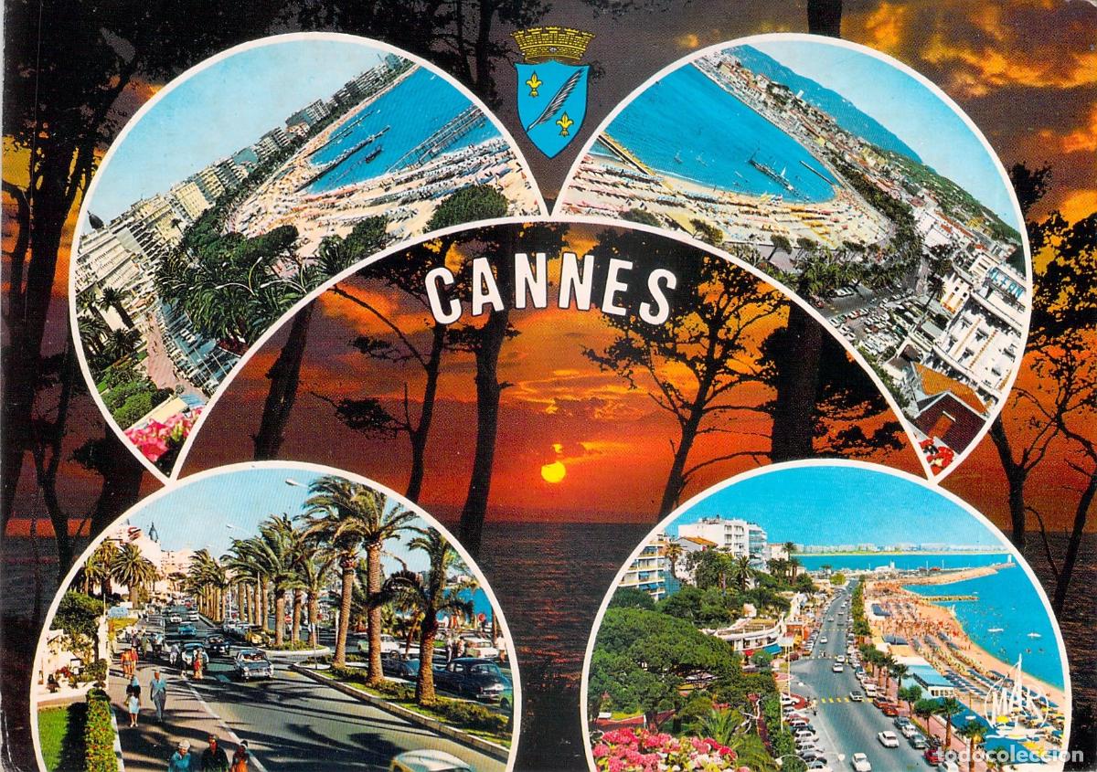 Postales: Postal de Cannes Francia Multivista de la Costa Azul y Atardecer