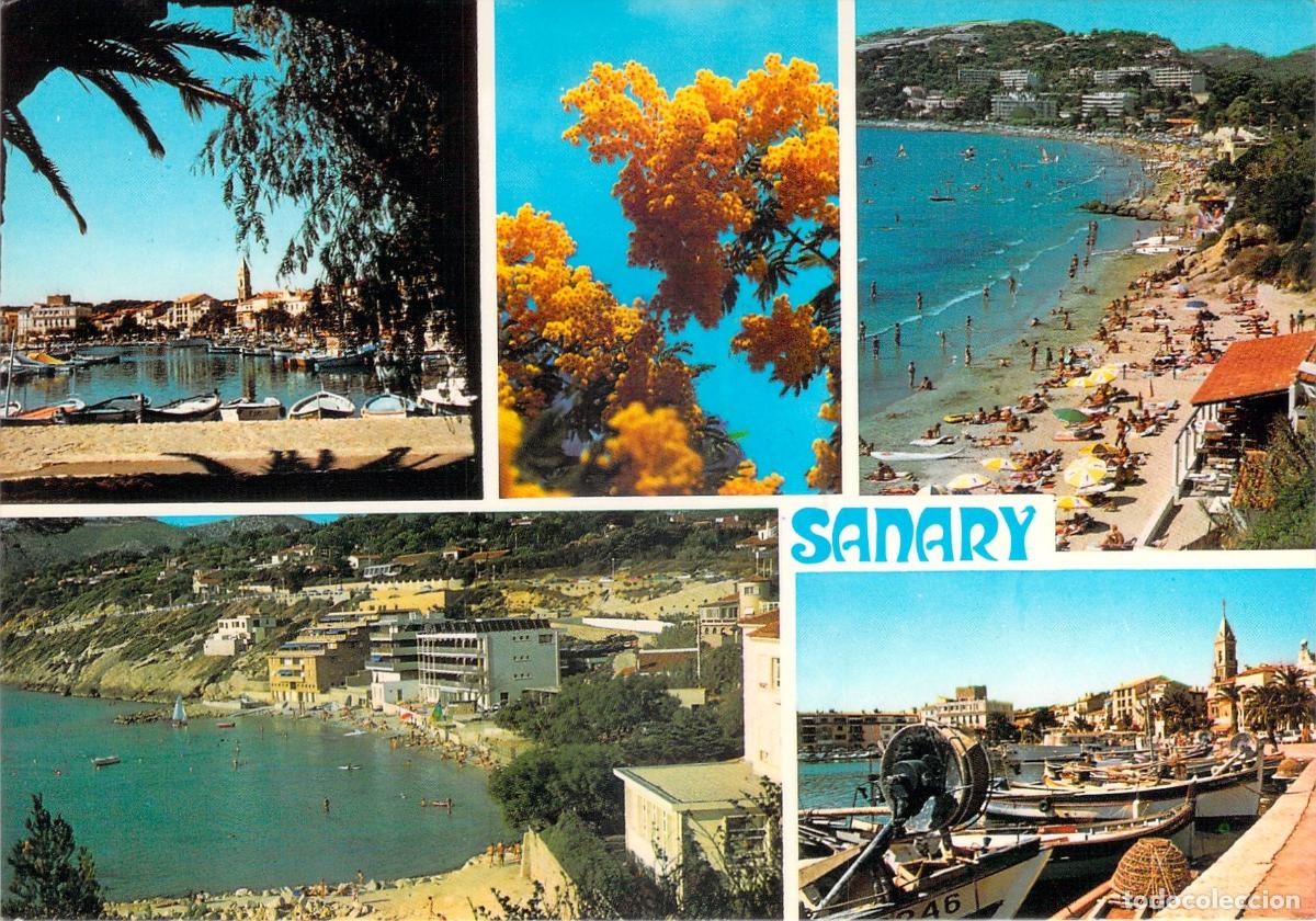Postales: Postal de Sanary-sur-Mer, Plage de la Gorguette y Puerto, Francia