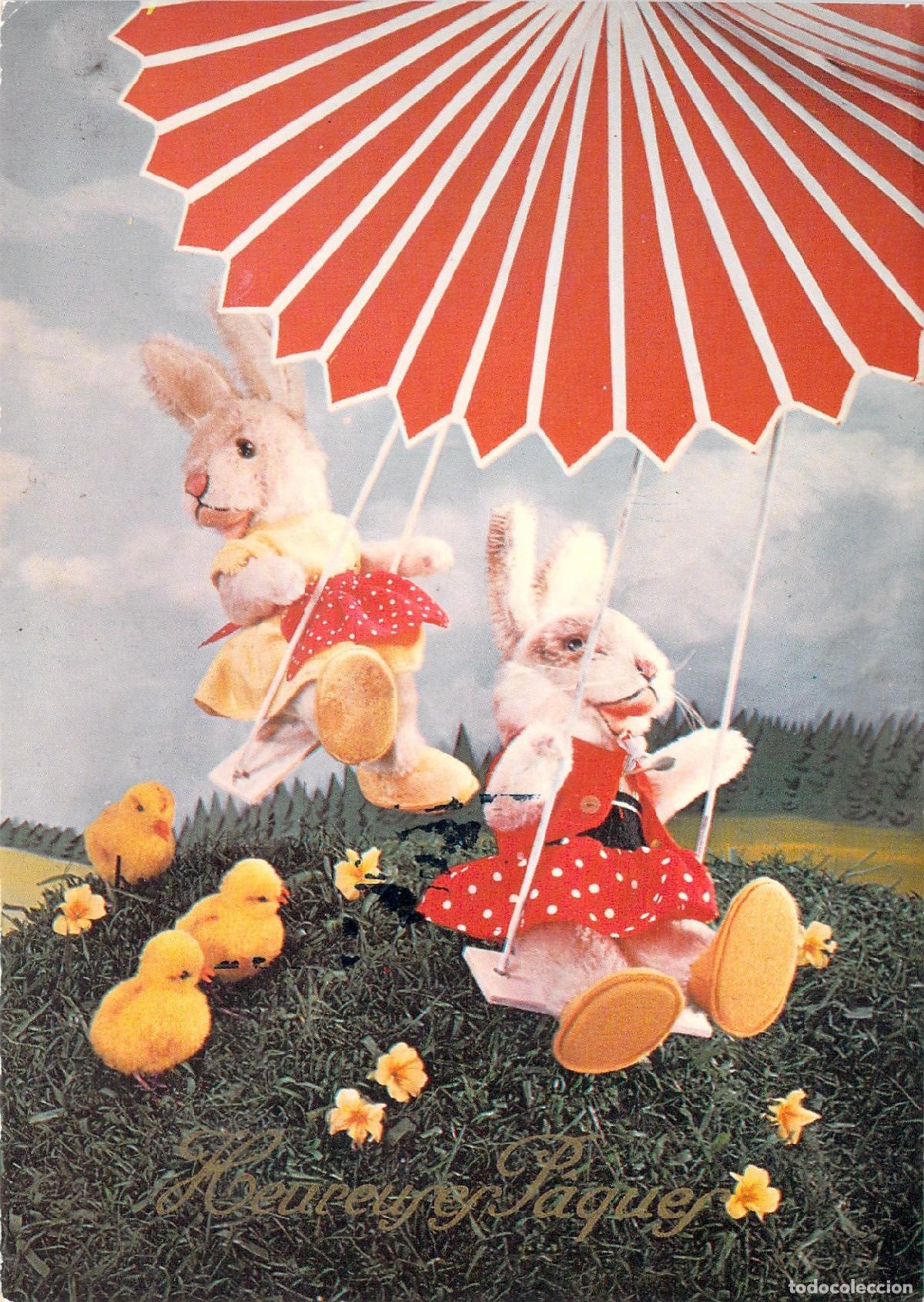Postales: Postal de Pascua Francesa con Conejos y Pollitos de Juguete