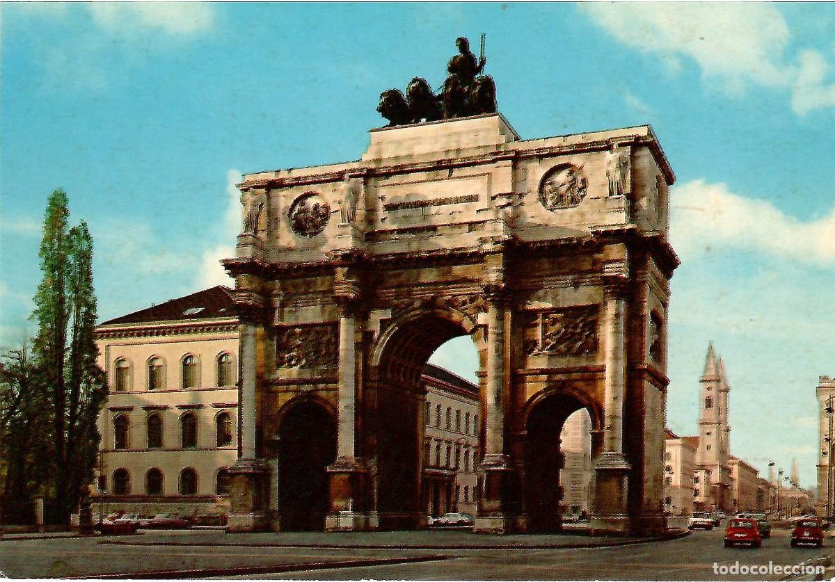 Postales: MUNICH. Alemania. Puerta Victoria e Iglesia Ludwing. Sin circular. ED. KRUGER