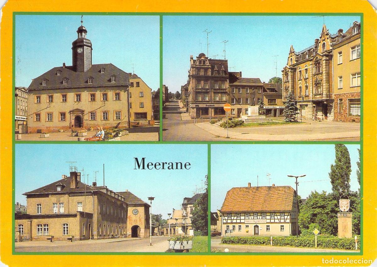 Postales: Postal de Meerane, Sajonia, RDA - Ayuntamiento y Estaci&oacute;n