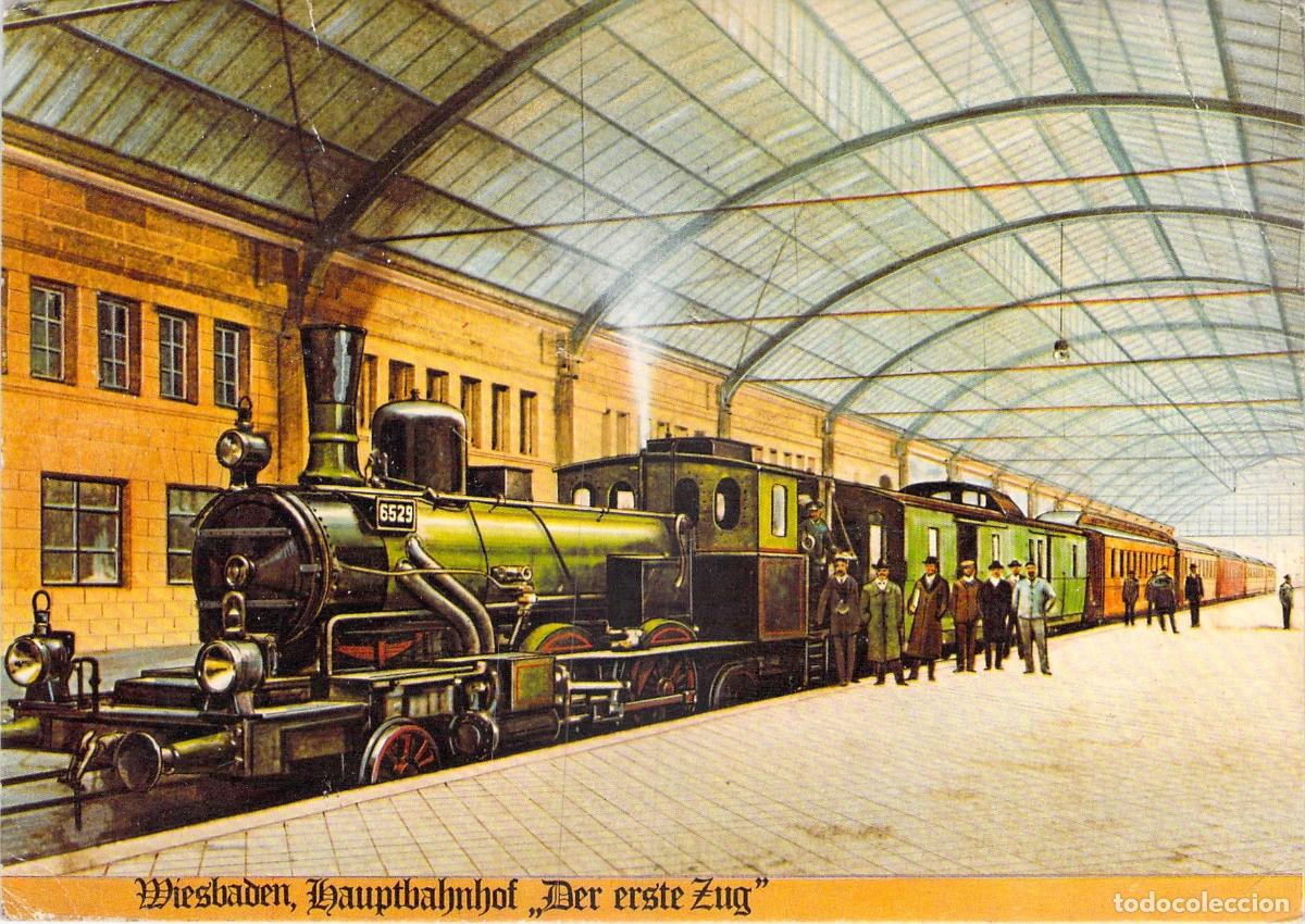Postales: Postal de Wiesbaden Estaci&oacute;n Central con Tren de Vapor