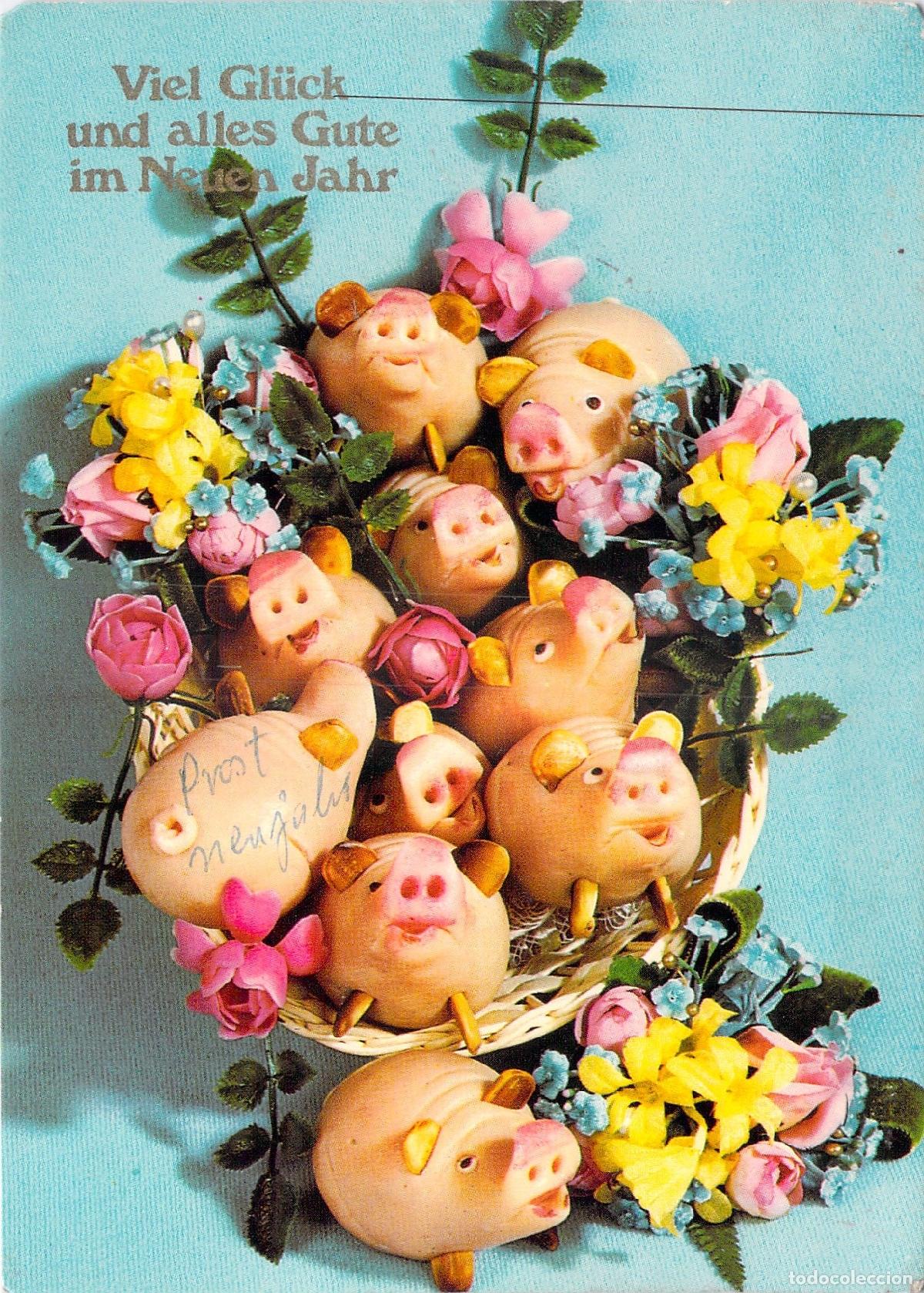 Postales: Postal de A&ntilde;o Nuevo con Cerditos de la Suerte y Flores