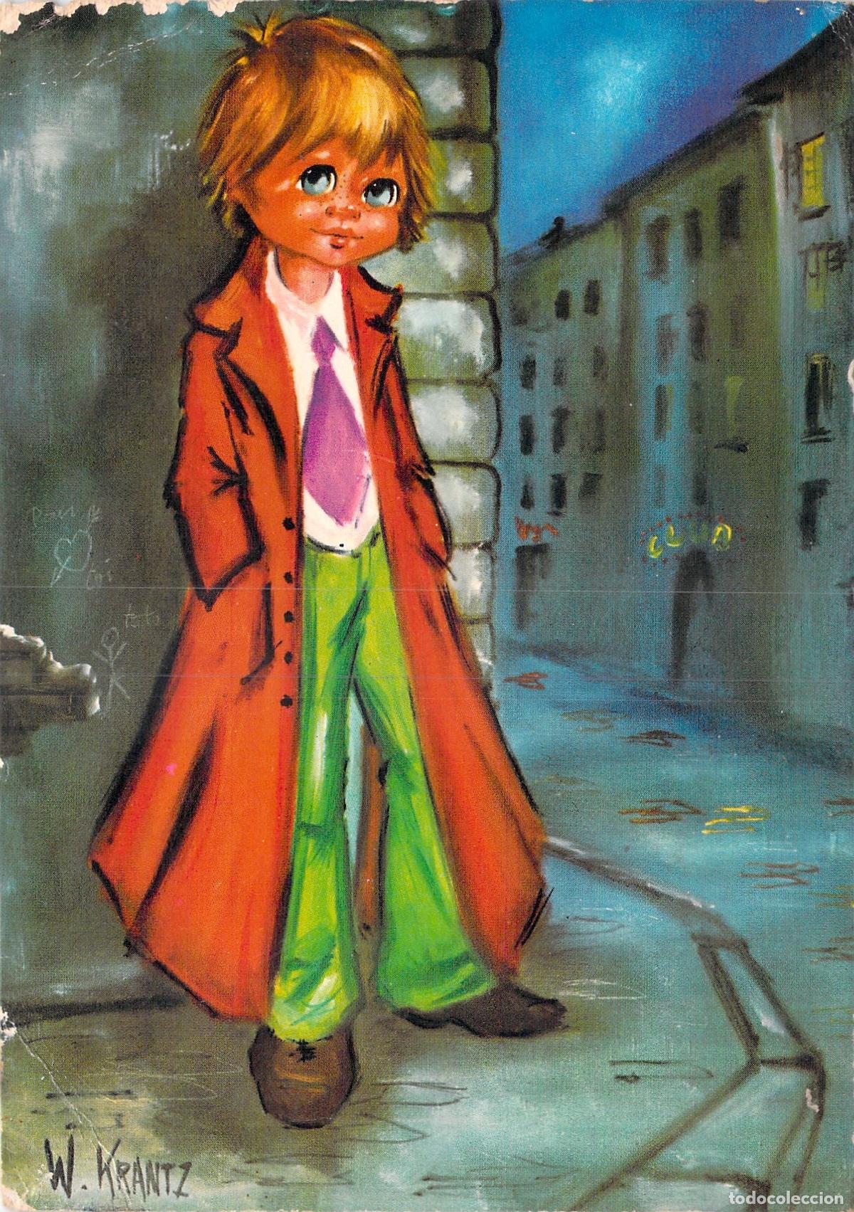 Postales: Postal Ilustrada de Ni&ntilde;o con Ojos Grandes por W. Krantz